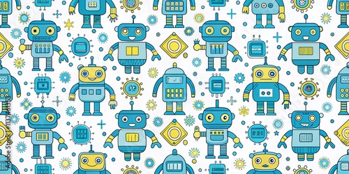 Cute Robot Doodle Seamless Pattern: Blue Baby Textile & Apparel Print photo