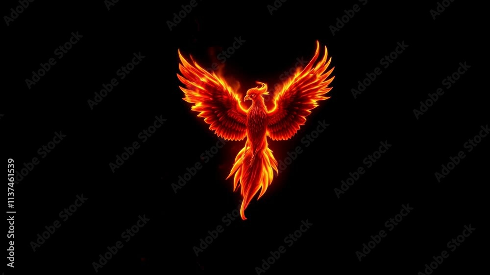 Fiery phoenix with glowing wings on black background, symbolizing rebirth, strength, and mythology
