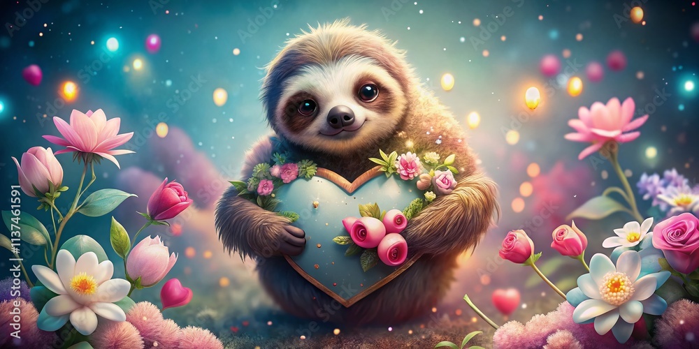 Cute Sloth Valentine's Day Card, Surreal Heart, I Love You, Romantic Animal, Digital Art Cute Sloth Valentine's Day Card, Surreal Heart, I Love You, Romantic Animal, Digital Art