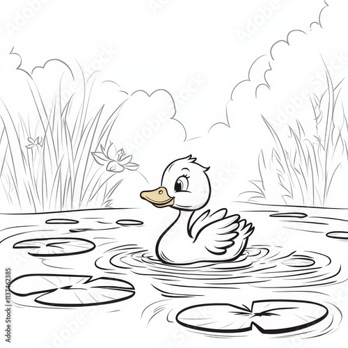 Duckling in Pond: A charming illustration of a little duckling swimming in a pond with lily pads. The cute duckling is the perfect addition to any children's book or project. 