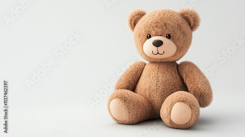 A brown teddy bear sitting on a white background.