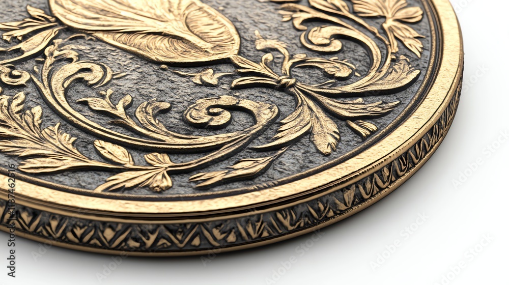 Close-up of an ornate gold coin with a floral design. Close-up of an ornate gold coin with a floral design.