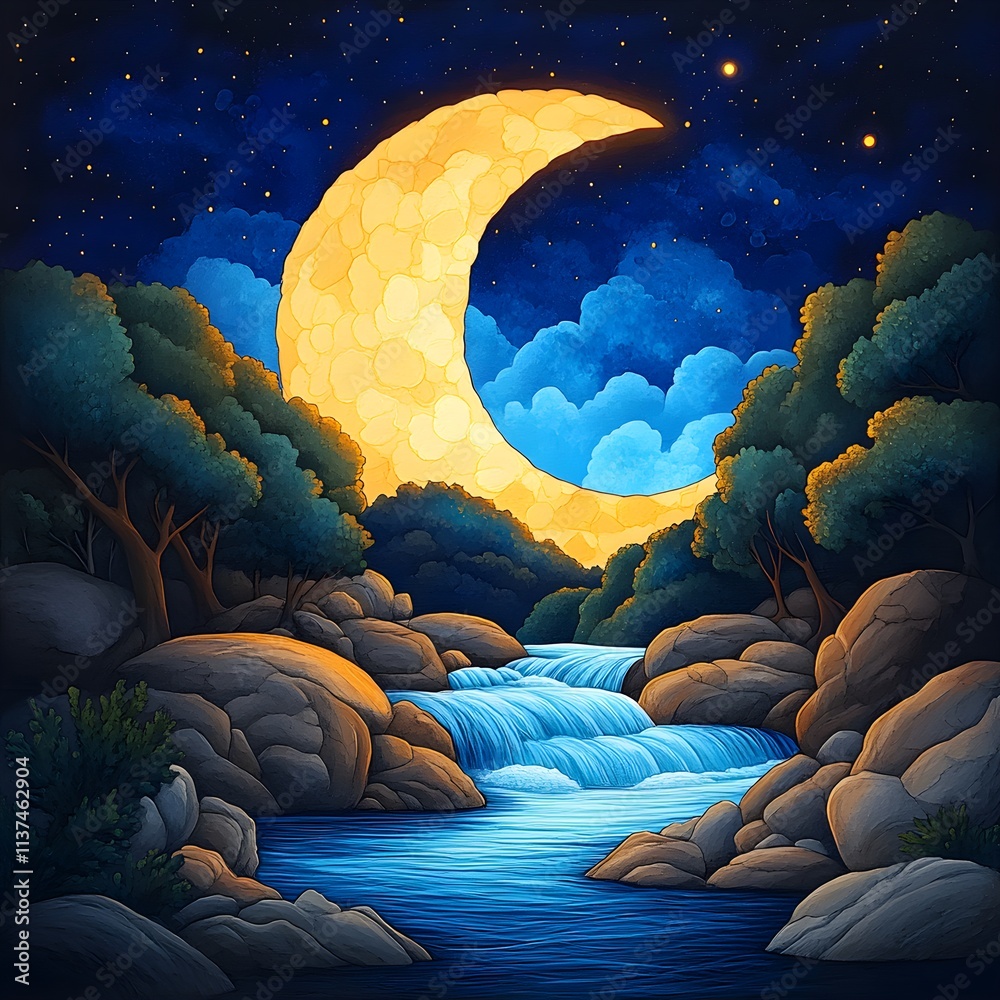 Fototapeta premium A serene river illuminated by the radiant glow of a giant full moon, creating a peaceful and enchanting nighttime scene.