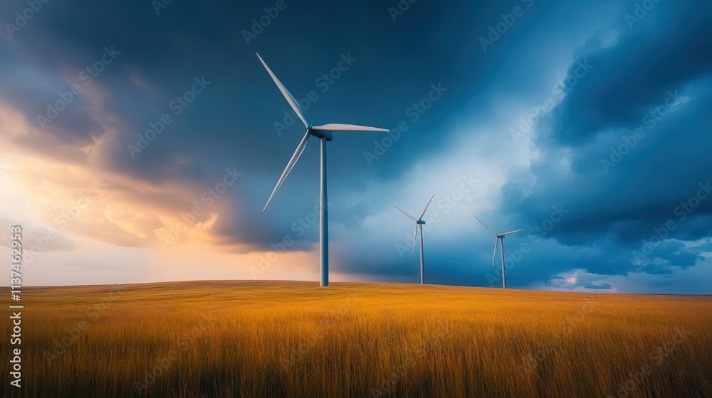 Wind turbines spinning in a stormy sky, dramatic lighting, realistic photography, high contrast, dark moody tones