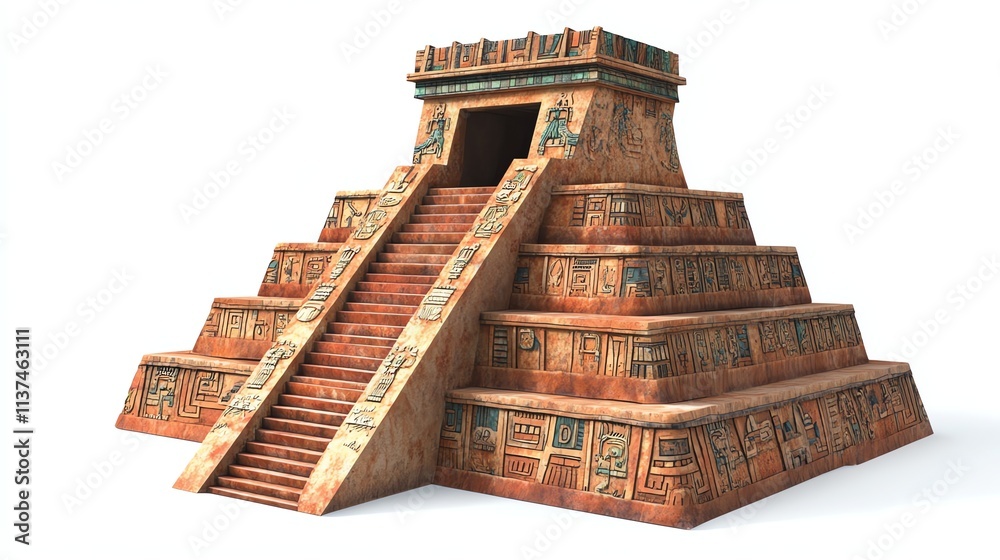 A 3D rendering of an ancient Mayan pyramid with intricate carvings and a stairway leading to the top. A 3D rendering of an ancient Mayan pyramid with intricate carvings and a stairway leading to the top.