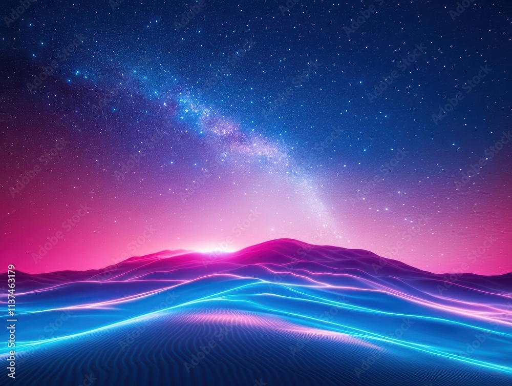 Fototapeta premium Virtual trek through the Sahara desert, glowing dunes under a starry sky, immersive adventure tourism