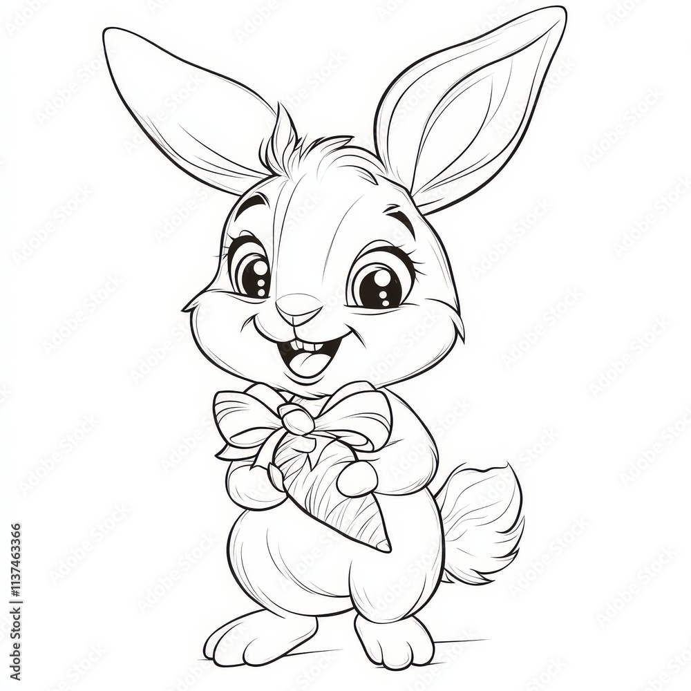 Fototapeta premium Adorable Easter Bunny with Carrot: A charming illustration of a bunny rabbit holding a carrot, perfect for Easter coloring pages, cards, and children's books.