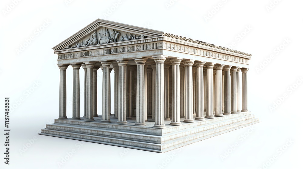 Obraz premium A 3D rendering of an ancient Greek temple with white marble columns and a decorative frieze.