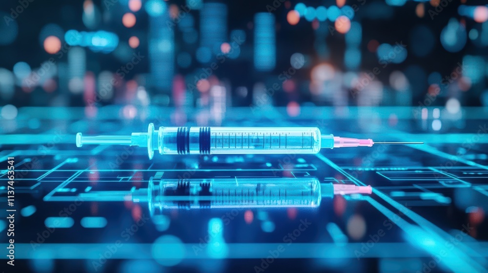 Syringe made of crystal and light, futuristic biotech tool, placed on a hightech surface, neon blue reflections Syringe made of crystal and light, futuristic biotech tool, placed on a hightech surface, neon blue reflections