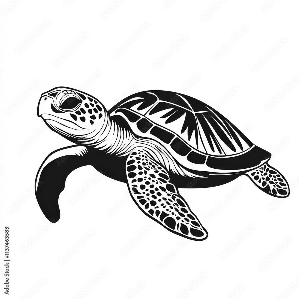 Fototapeta premium Majestic Sea Turtle: Black and White Illustration 