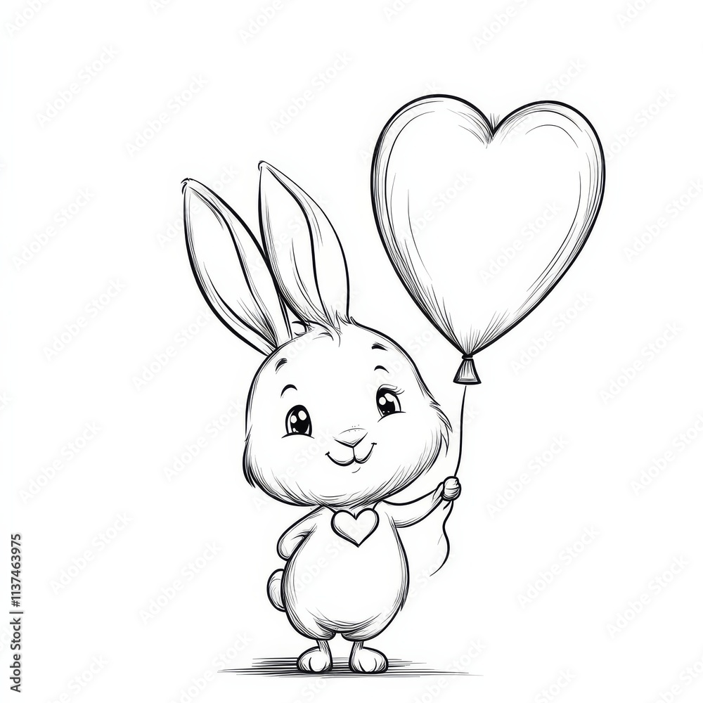 Obraz premium Cute Bunny with Heart Balloon: A charming sketch of a cheerful bunny holding a heart-shaped balloon, perfect for Valentine's Day, love, and friendship themes.