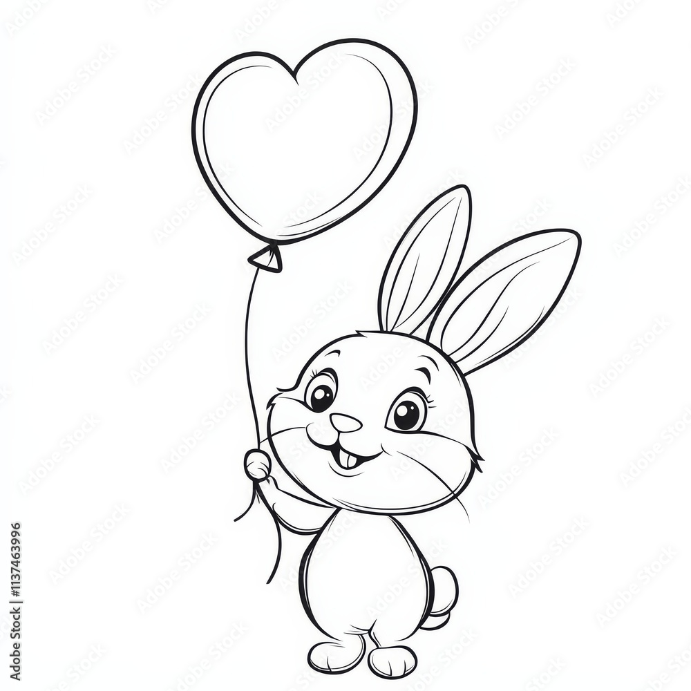 Adorable Bunny with Heart Balloon: A charming illustration of a cute bunny rabbit joyfully holding a heart-shaped balloon, perfect for Valentine's Day, children's books.