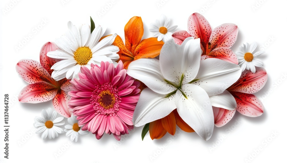 Fototapeta premium A vibrant arrangement of colorful flowers including lilies, daisies, and gerbera daisies, showcasing nature's beauty and elegance.
