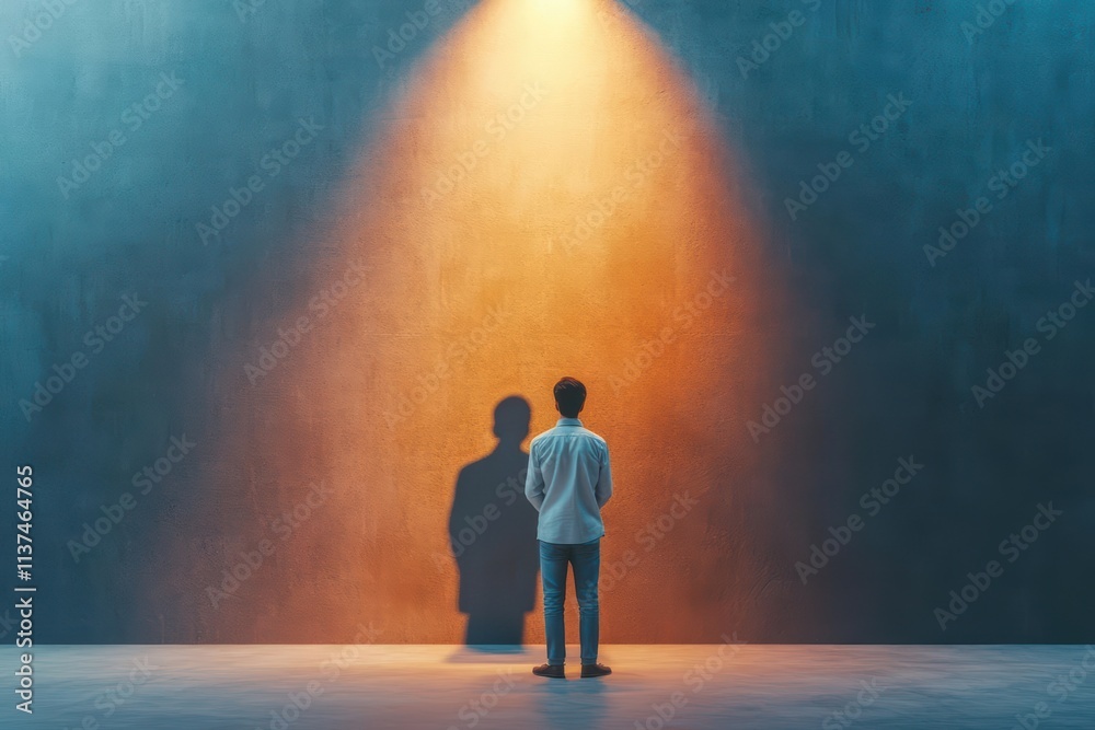 Fototapeta premium Man gazing at his shadow on a towering wall lit by a single spotlight, mysterious and dramatic lighting