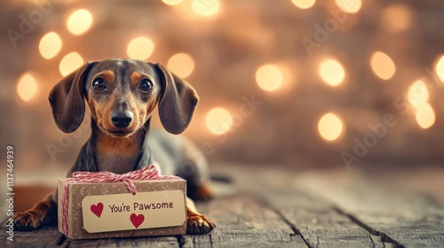 Dachshund lying next to a small gift box tied with a tag that reads 