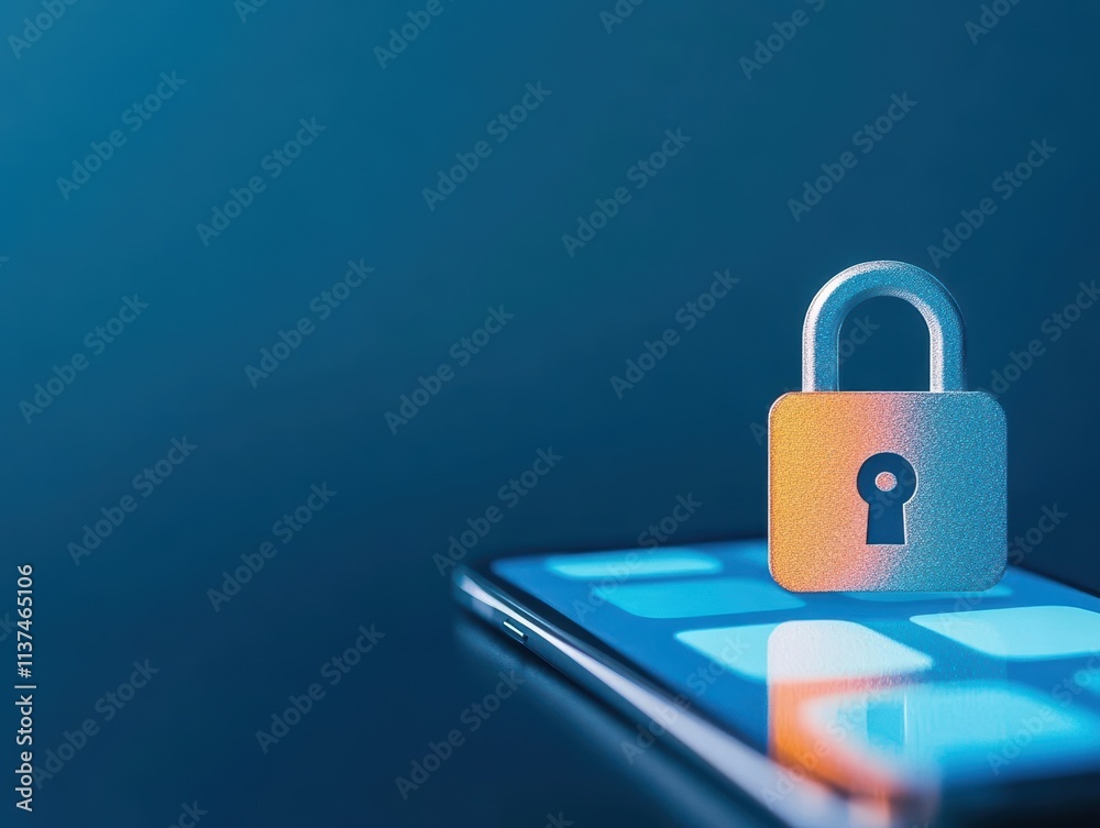 Fototapeta premium Iconic lock symbol overlaid on a smartphone with a social media app open online safety digital tone splitcomplementary color scheme