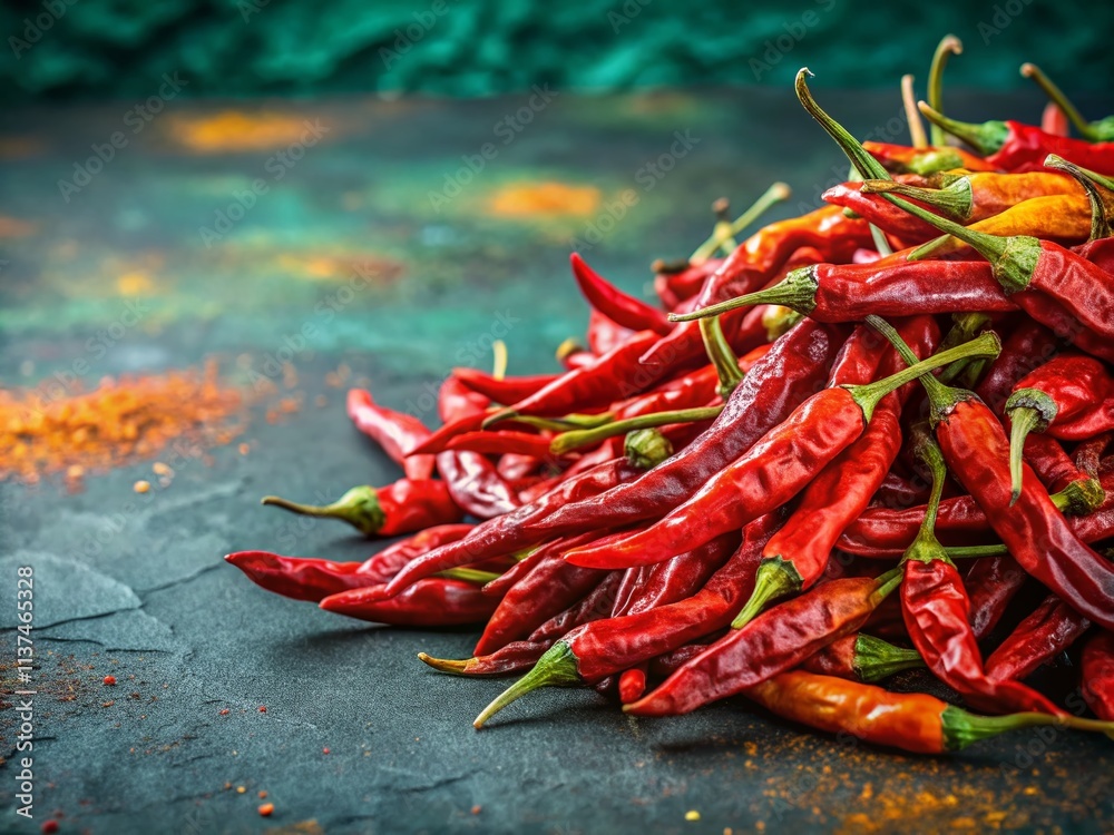 Dehydrated Vietnamese Chili Peppers Side View, Spicy Food Photography, Green Black Countertop, Dried Chili Pile, Asian Cuisine Ingredient