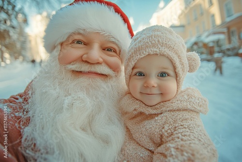 Yuletide promotion concept art snapshot for ad page and online banner use. Gleeful christmas, Ñute baby girl joyful with santa claus. Seasonal marketing visuals. Family joy santa photo. photo