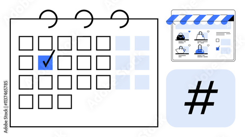 Calendar with checked date, online store interface, and metadata tag sign. Ideal for marketing campaigns, social media planning, e-commerce scheduling, content management, product launches, brand