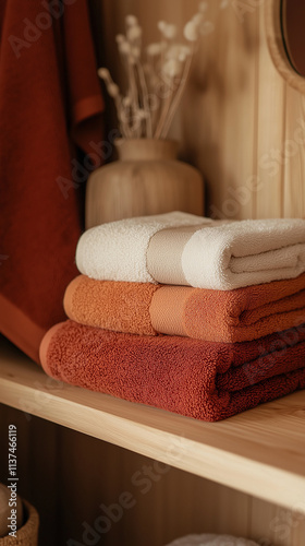 Stack of white, orange, and red towels on a wooden shelf in a cozy bathroom.