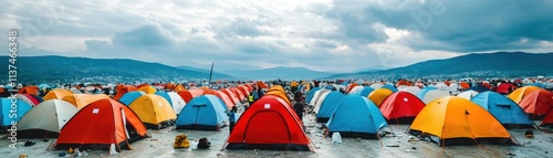 Emergency medical tents set up in a disasterstricken area, chaotic activity, overcast skies, panoramic view photo