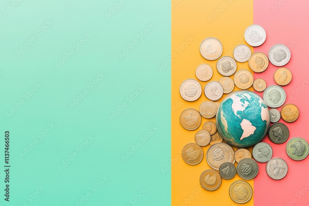 Diverse coins forming a mosaic of the Earth, gradient background, sharp details, modern flat design