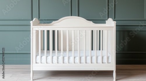 handmade woodwork quality concept. Elegant white crib against a green wall in a modern nursery.