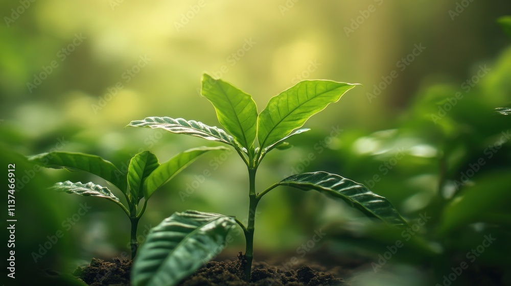 Young green plants sprout in dark earth, sunlit background. Young green plants sprout in dark earth, sunlit background.