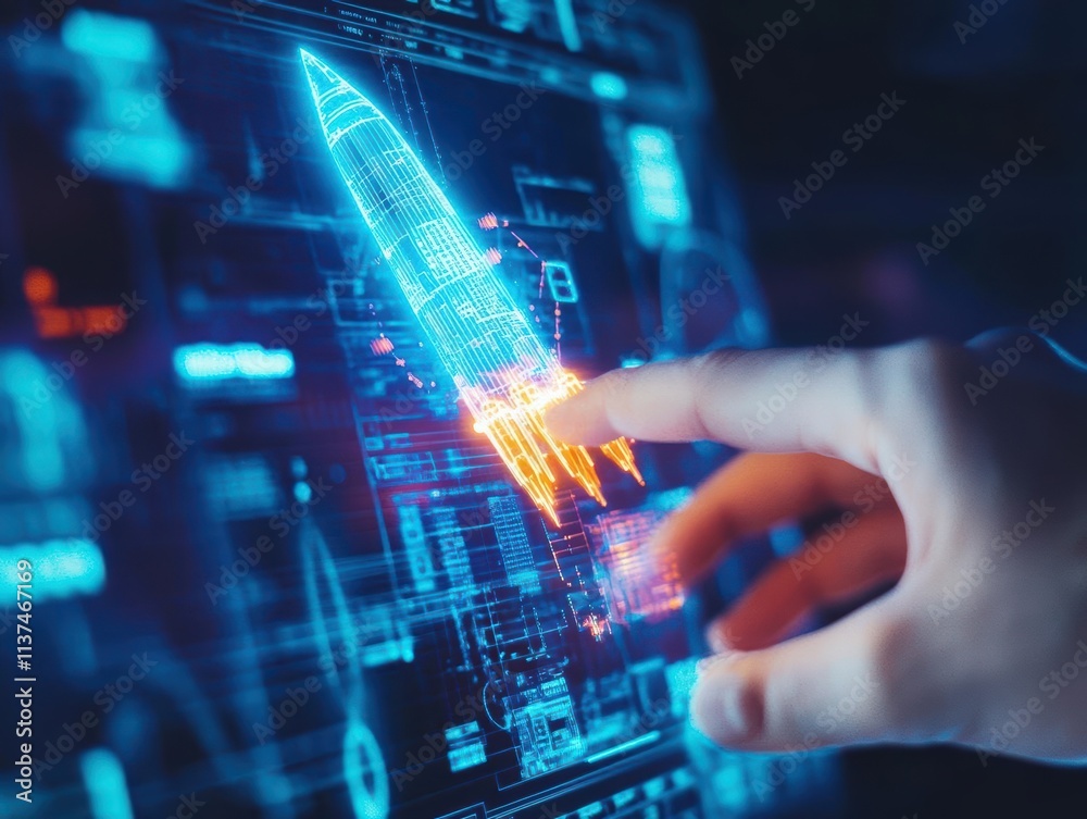 Closeup of a human hand generating a glowing holographic rocket, representing technological advancement in space travel Closeup of a human hand generating a glowing holographic rocket, representing technological advancement in space travel