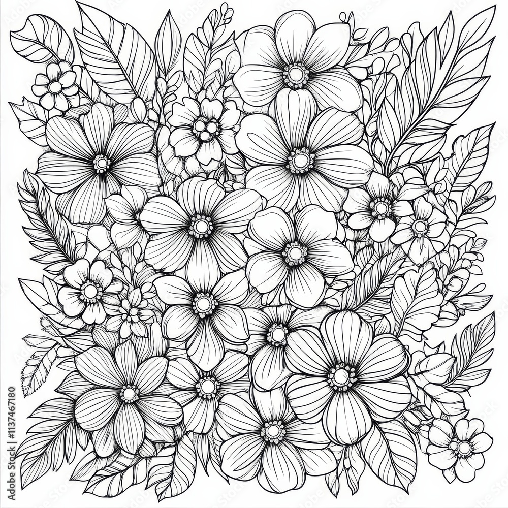 Floral Symphony: An intricate floral pattern in black and white, perfect for coloring or artistic applications, showcasing a variety of flowers and leaves in detailed line art. Floral Symphony: An intricate floral pattern in black and white, perfect for coloring or artistic applications, showcasing a variety of flowers and leaves in detailed line art.