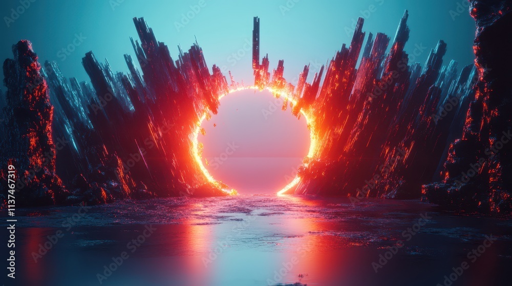Obraz premium Glowing Sphere Breaking into Shards in Cosmic Scene