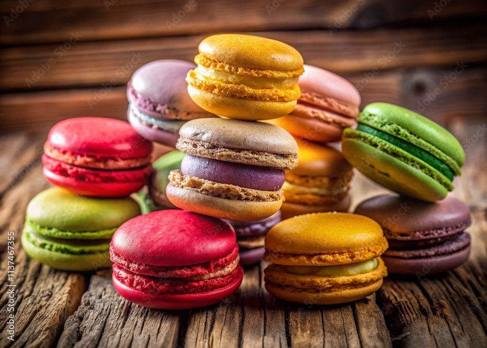 Delicious Macarons: High-Resolution Photos of Colorful French Pastries on Rustic Wood