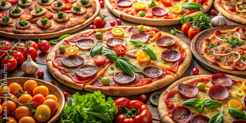 Delicious Pizza Collage: Flat Lay Food Photography with Bokeh