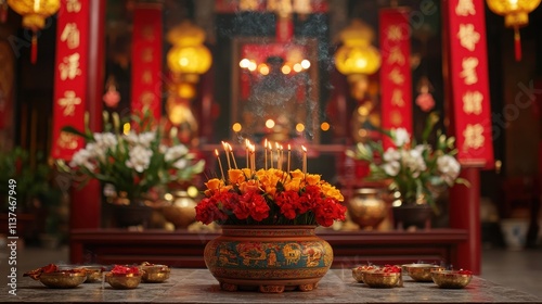 Intricately Designed Temple Altar with Incense Burning Surrounded by Vibrant Flowers and Cultural Decorations