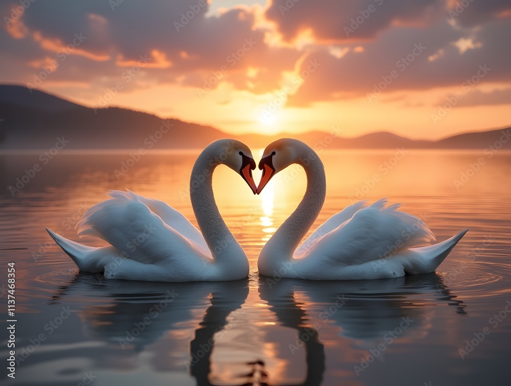 Romantic Swans at Sunset: A Heart-Shaped Love Story on a Serene Lake Romantic Swans at Sunset: A Heart-Shaped Love Story on a Serene Lake