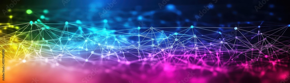 Fototapeta premium Abstract network of nodes and lines representing cloud infrastructure, vibrant colors, geometric patterns, vector graphic