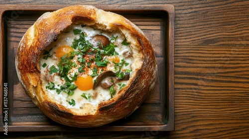 Wallpaper Mural Creamy mushroom soup served in a bread bowl on a wooden tray, with warm candlelight and a cozy atmosphere. Concept: rustic indulgence Torontodigital.ca