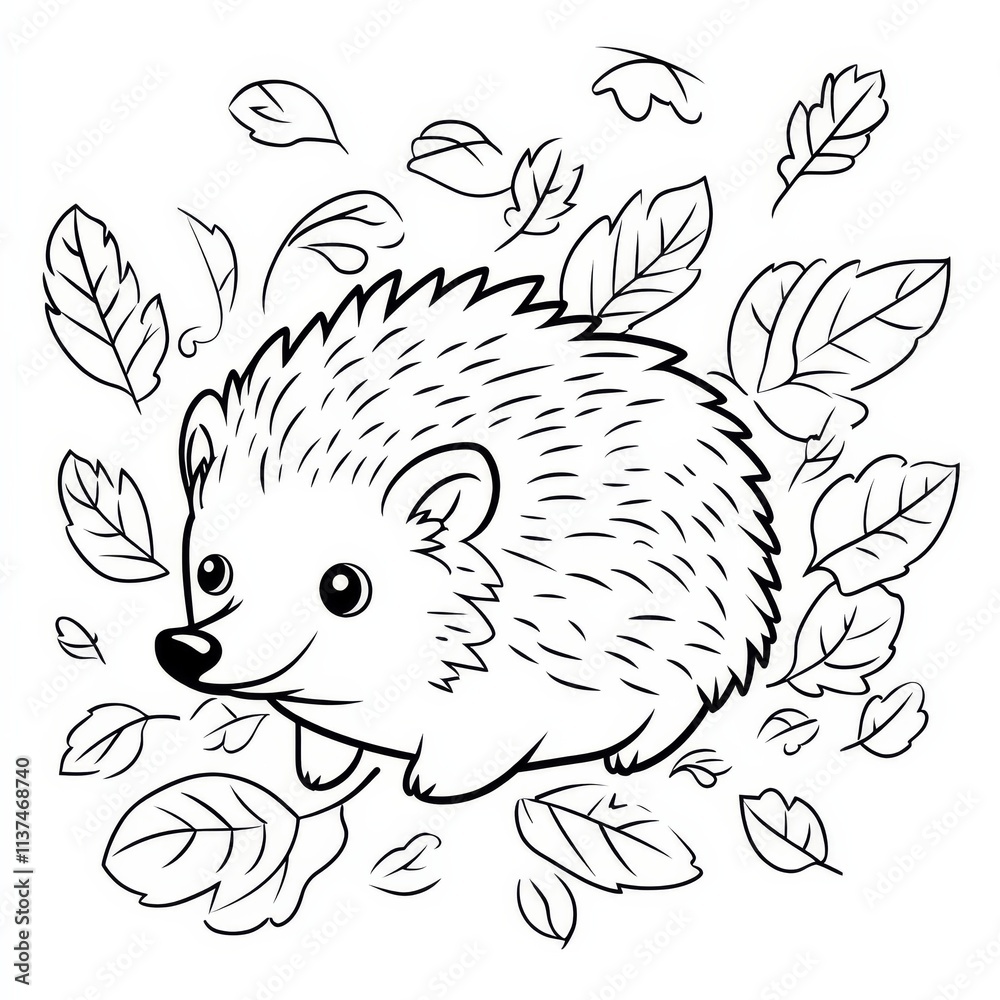 Obraz premium Hedgehog in Autumn Leaves: A whimsical illustration of a cute hedgehog surrounded by falling leaves, perfect for coloring pages, children's books, and nature-themed designs.