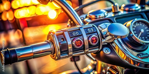 Detailed view of motorcycle handlebar control panel featuring a light switch and horn button, showcasing the intricate design and functionality for motorcycle enthusiasts and mechanics.