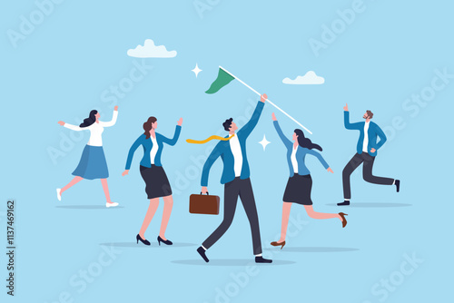 Leadership team leader to lead team to success, company ceo win business competition together, management or professional to reach goal or achievement, businessman leader hold winning flag with team.