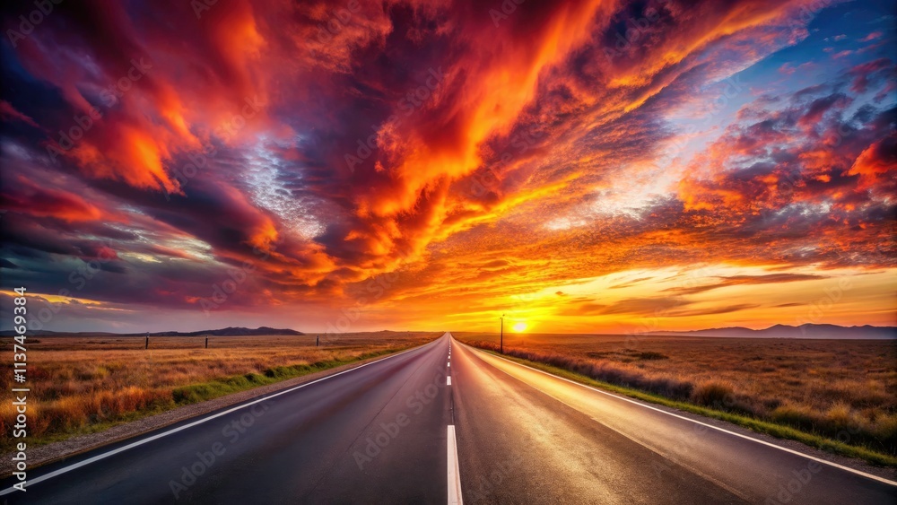 Naklejka premium Vast Empty Highway Under Fiery Sunset | Bokeh Effect | Scenic Road Trip | Nature Photography