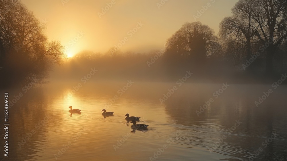 Ducks swim; sunrise mist; calm pond.