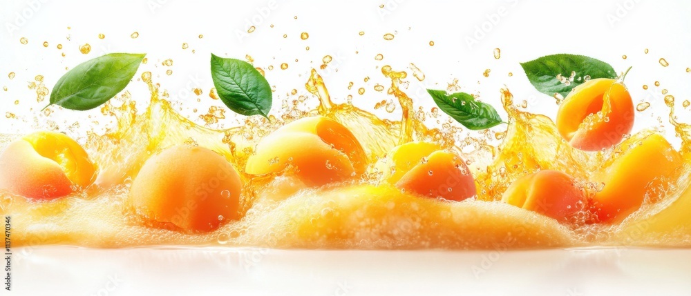 Juicy Apricots Splashing in Fresh Orange Juice, Vibrant Summer Fruit Photography Juicy Apricots Splashing in Fresh Orange Juice, Vibrant Summer Fruit Photography