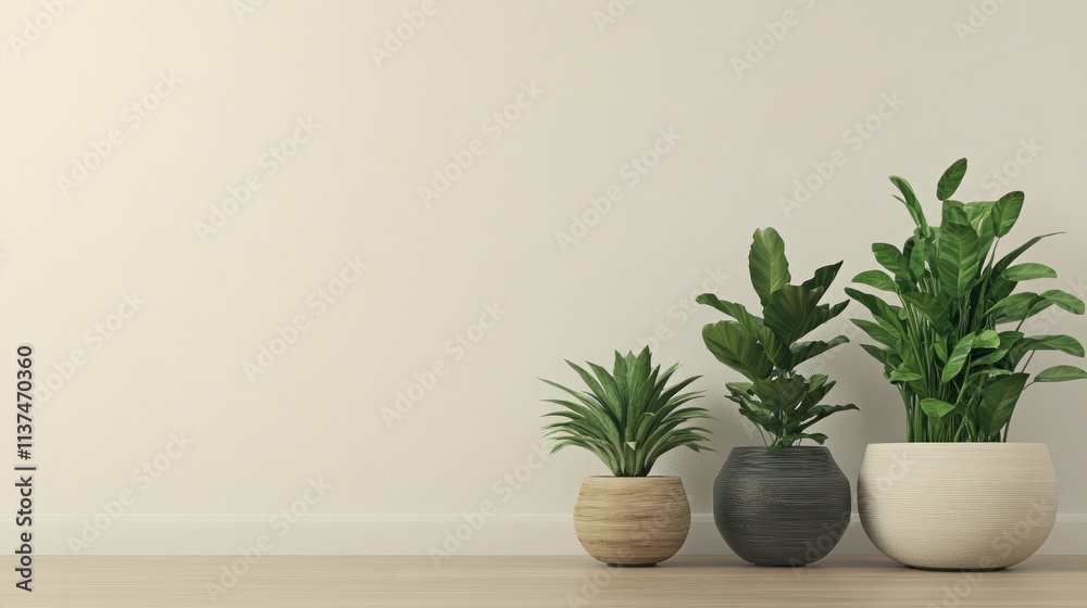 Three plants in pots against a neutral wall on wood floor. Three plants in pots against a neutral wall on wood floor.