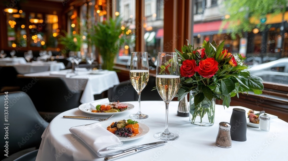 Fototapeta premium Intimate Gourmet Dining Experience with Elegant Table Setting Candles Flowers and Fine Cuisine in Cozy and Inviting Restaurant Interior