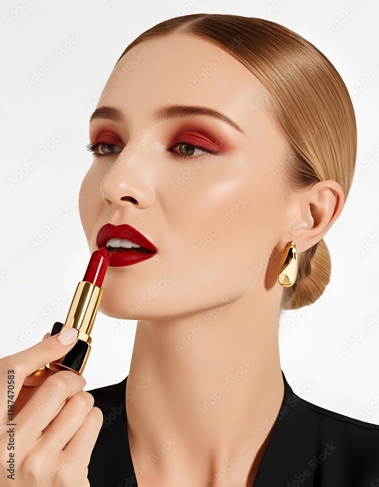 A young, beautiful woman paints her lips with red lipstick. A young, beautiful woman paints her lips with red lipstick.