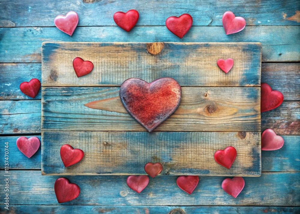Fototapeta premium Double Exposure: Antique Blue Sign, Painted Wooden Hearts - Vintage Photography, Surreal Art