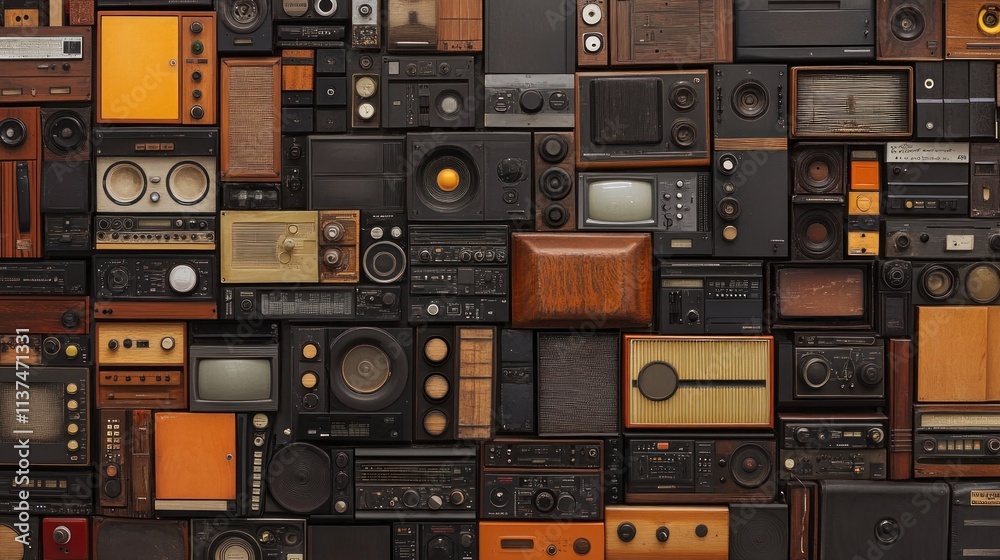 Obraz premium Many vintage radios and TVs in a pile.