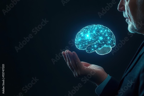 A digital brain held delicately in one hand by a man in a dark suit, vibrant blue glow illuminating his face, lowcontrast, lowangle shot photo