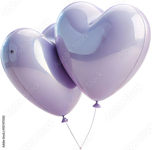 Special heart shaped balloons for event, happy holiday. Realistic digital illustration of two heart shaped balloons in light pastel lavender purple color. Image without background.
